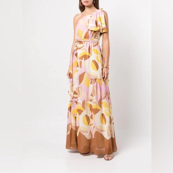 Sachin & Babi Tori Pink Yellow Floral One Shoulder Printed Maxi Dress - Reemoly